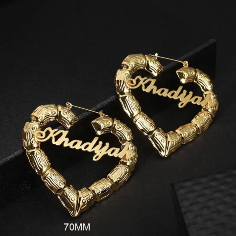 18k Gold Heart Bamboo Name Earrings , Custom Hoop Earrings