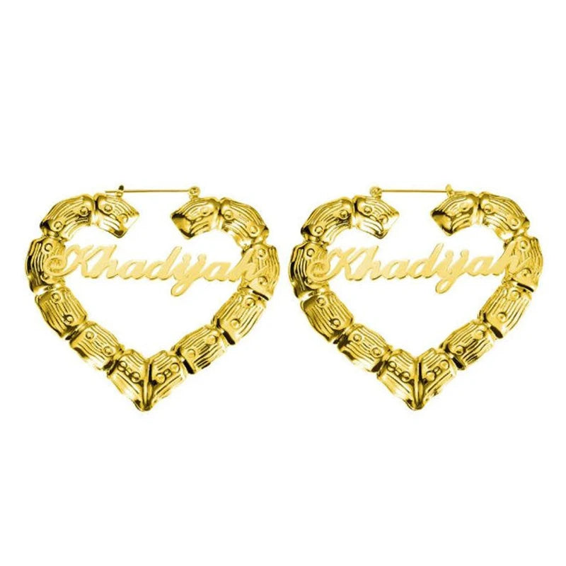 18k Gold Heart Bamboo Name Earrings , Custom Hoop Earrings