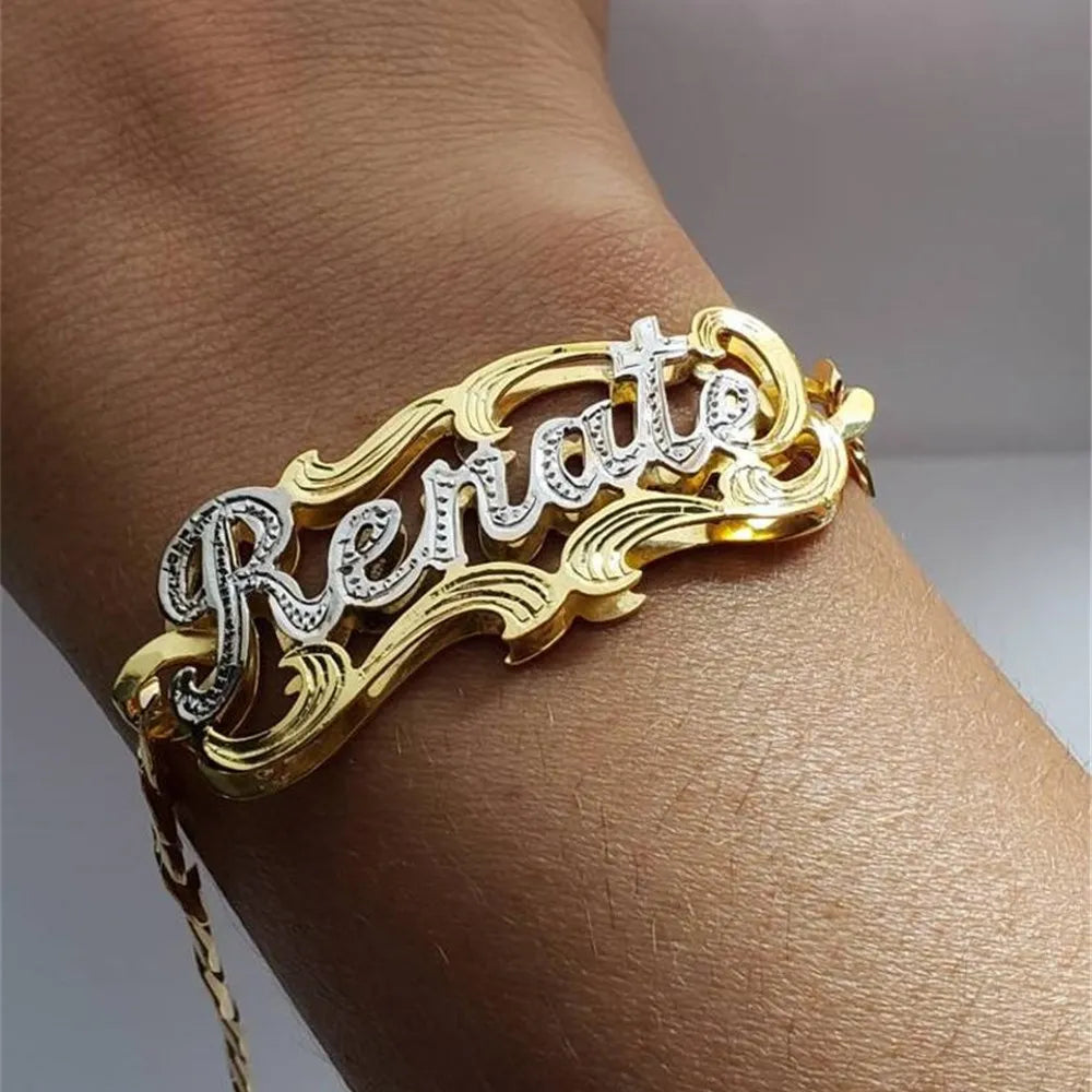 Double Name Bracelet, Nameplate Bracelet ,Customized Two Tone Bracelet