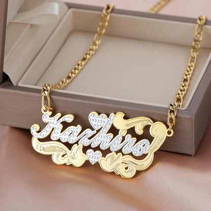 Double Name Plated Necklace , Custom Nameplate Necklace Personalized Name Necklace Custom Nameplate Under Heart Name Necklace