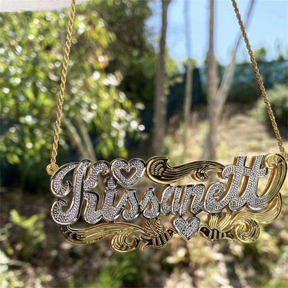 Double Name Plated Necklace , Custom Nameplate Necklace Personalized Name Necklace Custom Nameplate Under Heart Name Necklace