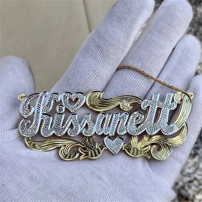 Double Name Plated Necklace , Custom Nameplate Necklace Personalized Name Necklace Custom Nameplate Under Heart Name Necklace