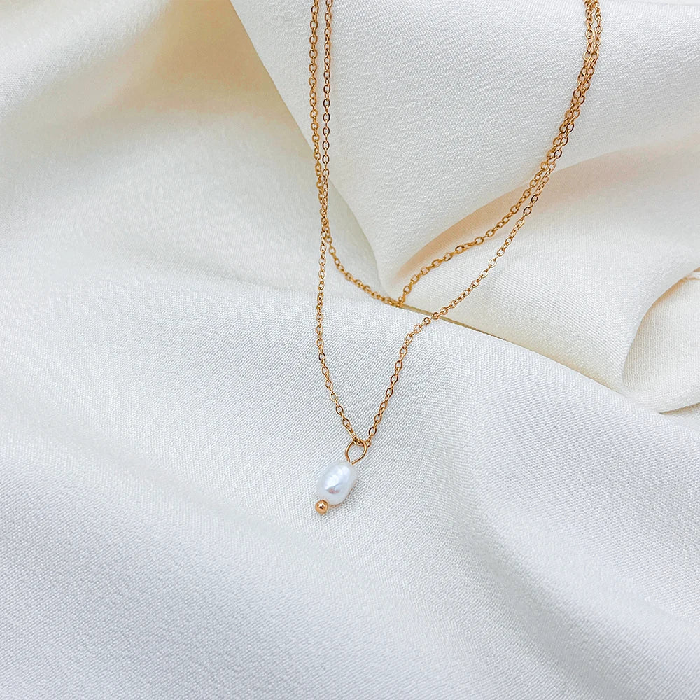 Tiny Freshwater Pearl Necklace, Double Layer Pearl Necklace, Gold Pearl Drop Necklace