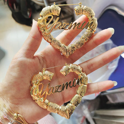 18k Gold Heart Bamboo Name Earrings , Custom Hoop Earrings