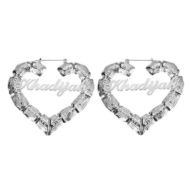 18k Gold Heart Bamboo Name Earrings , Custom Hoop Earrings