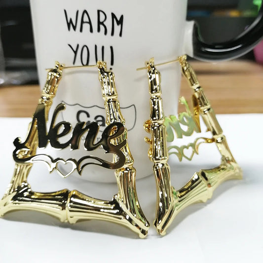 18k Gold Bamboo Custom name hoop earrings, Big Statement Bamboo name earrings