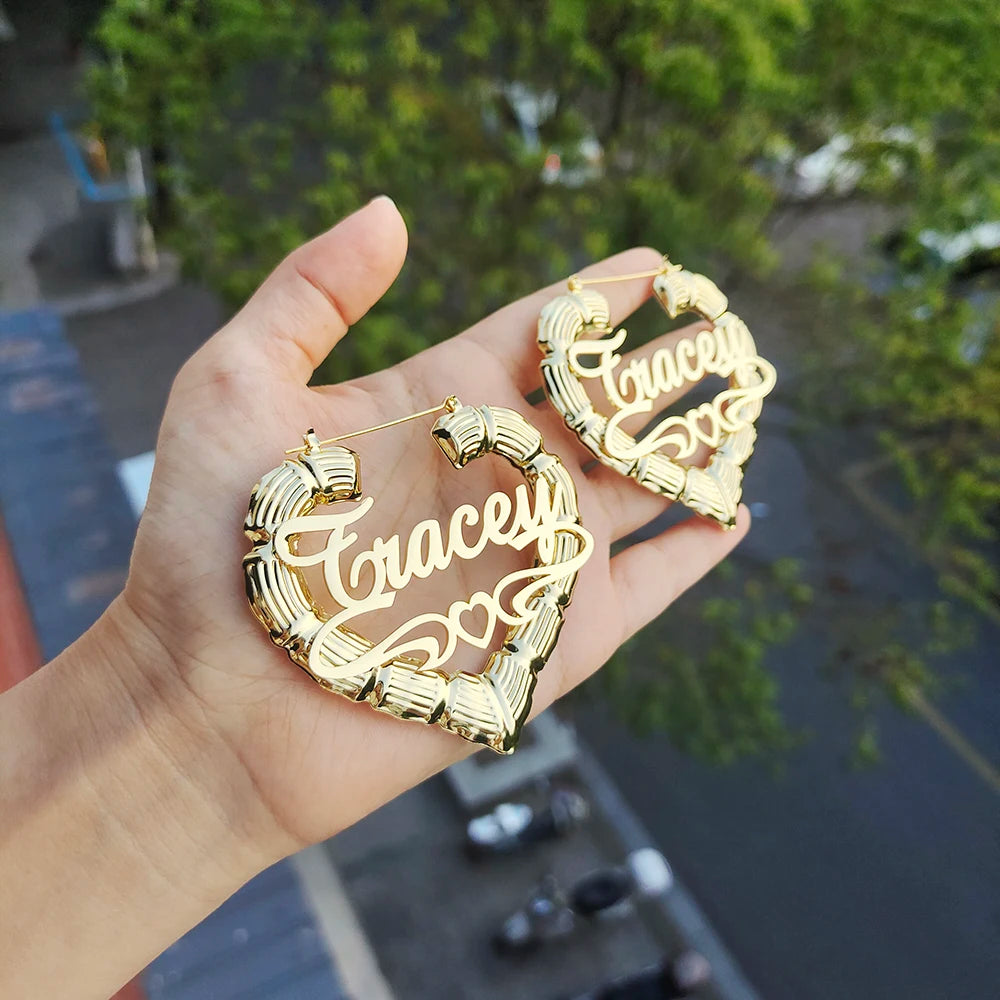 Custom Heart Bamboo Name Earrings , Custom Hoop Earrings