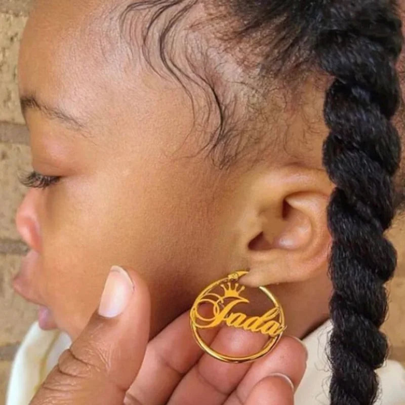 Dime size name hoop earrings for babies, kids, children