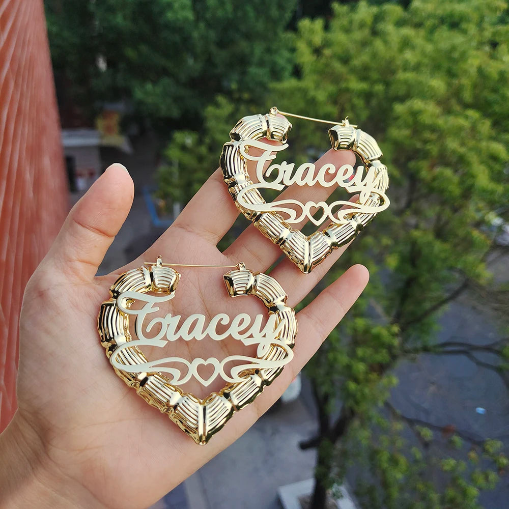 Custom Heart Bamboo Name Earrings , Custom Hoop Earrings