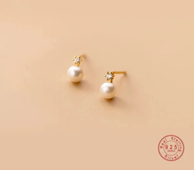 Sterling Silver Pearl Stud Earrings, Dainty CZ Diamond Earrings,Bridal Earrings