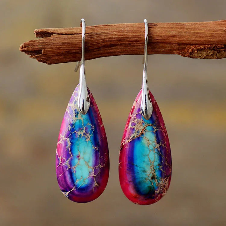 Natural Stone Earrings, Sea Sediment Jasper Drop Earrings, Crystal Healing Jewelry, Inner Peace Meditation Grounding Earrings Gift