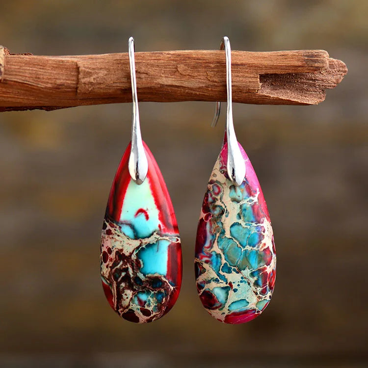 Natural Stone Earrings, Sea Sediment Jasper Drop Earrings, Crystal Healing Jewelry, Inner Peace Meditation Grounding Earrings Gift