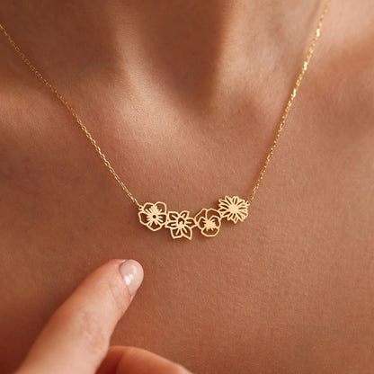 Dainty Birth flower Necklace , 18K Gold Birth Flower Bouquet Necklace, Birth flower Family Gift