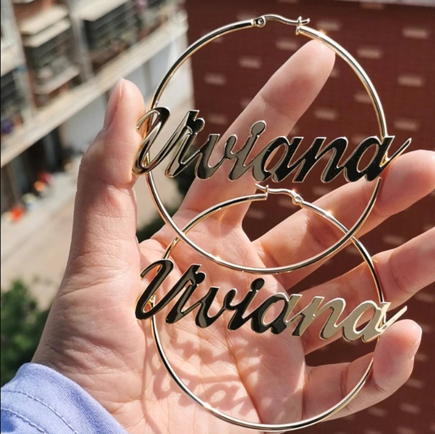 Custom Hoop Name Earrings Thick Bamboo Earrings J - Lo Inspired Name Hoops - KN Gifts