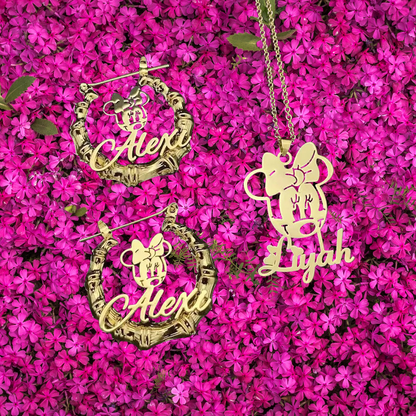 Minnie Mouse Earrings  -Custom Name Earrings -Cartoon Name Earrings Necklace set