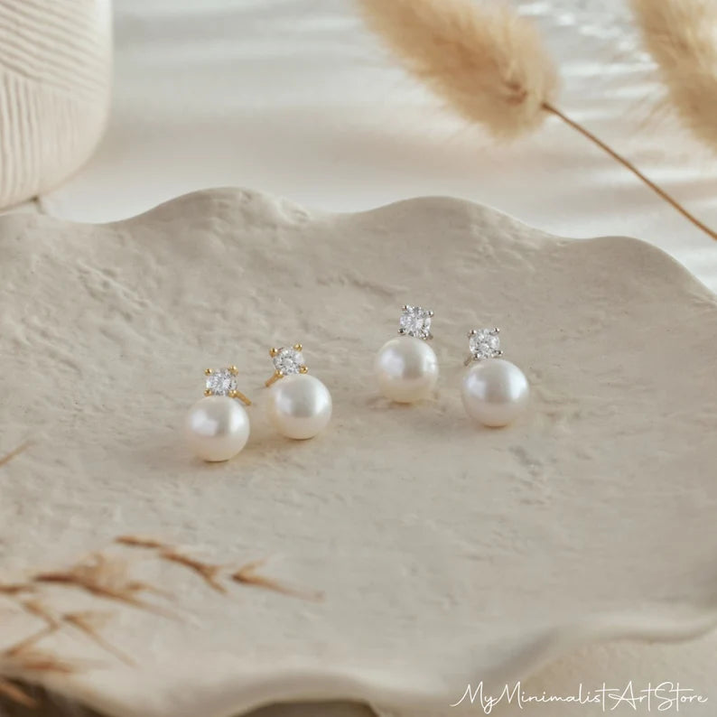 Sterling Silver Pearl Stud Earrings, Dainty CZ Diamond Earrings,Bridal Earrings